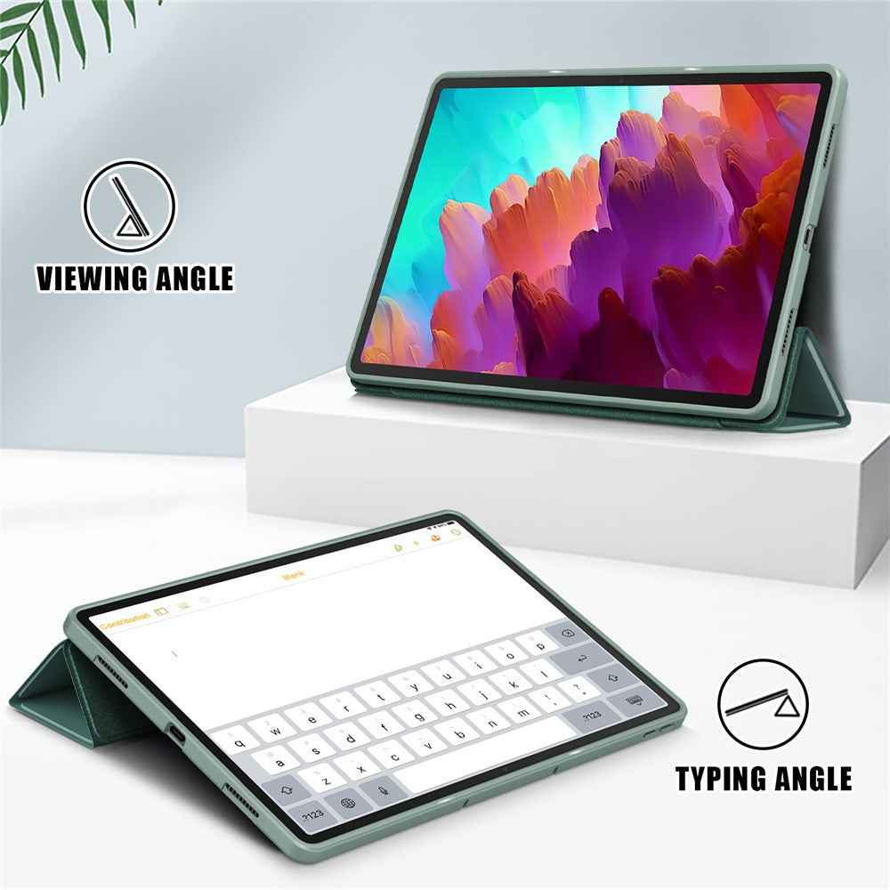 For Lenovo Tab P12 / P12 Pro Gen 2 TB371FC Trifold Stand Solid Color Smart Case PU Leather+TPU Tablet Cover - Blackish Green