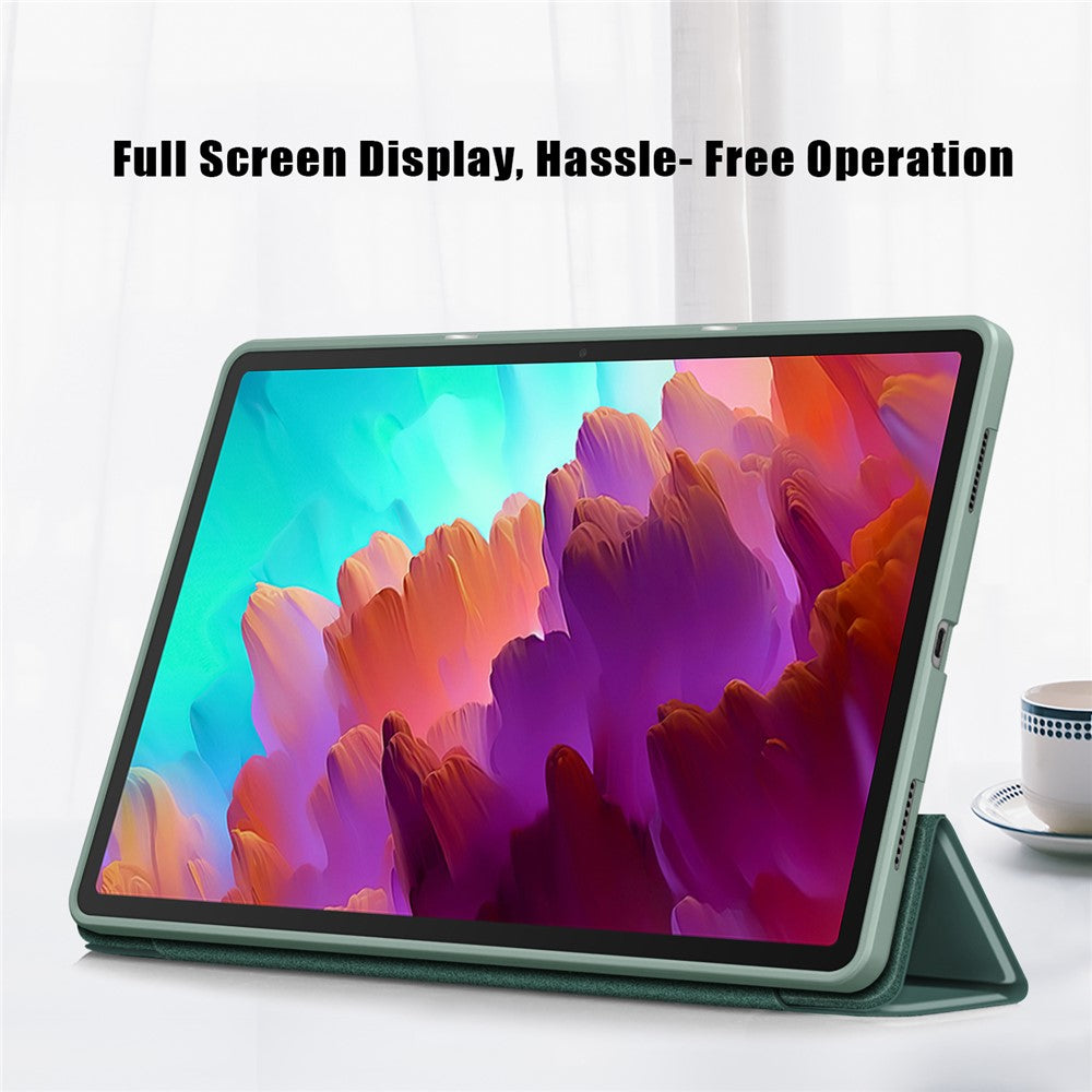 For Lenovo Tab P12 / P12 Pro Gen 2 TB371FC Trifold Stand Solid Color Smart Case PU Leather+TPU Tablet Cover - Blackish Green