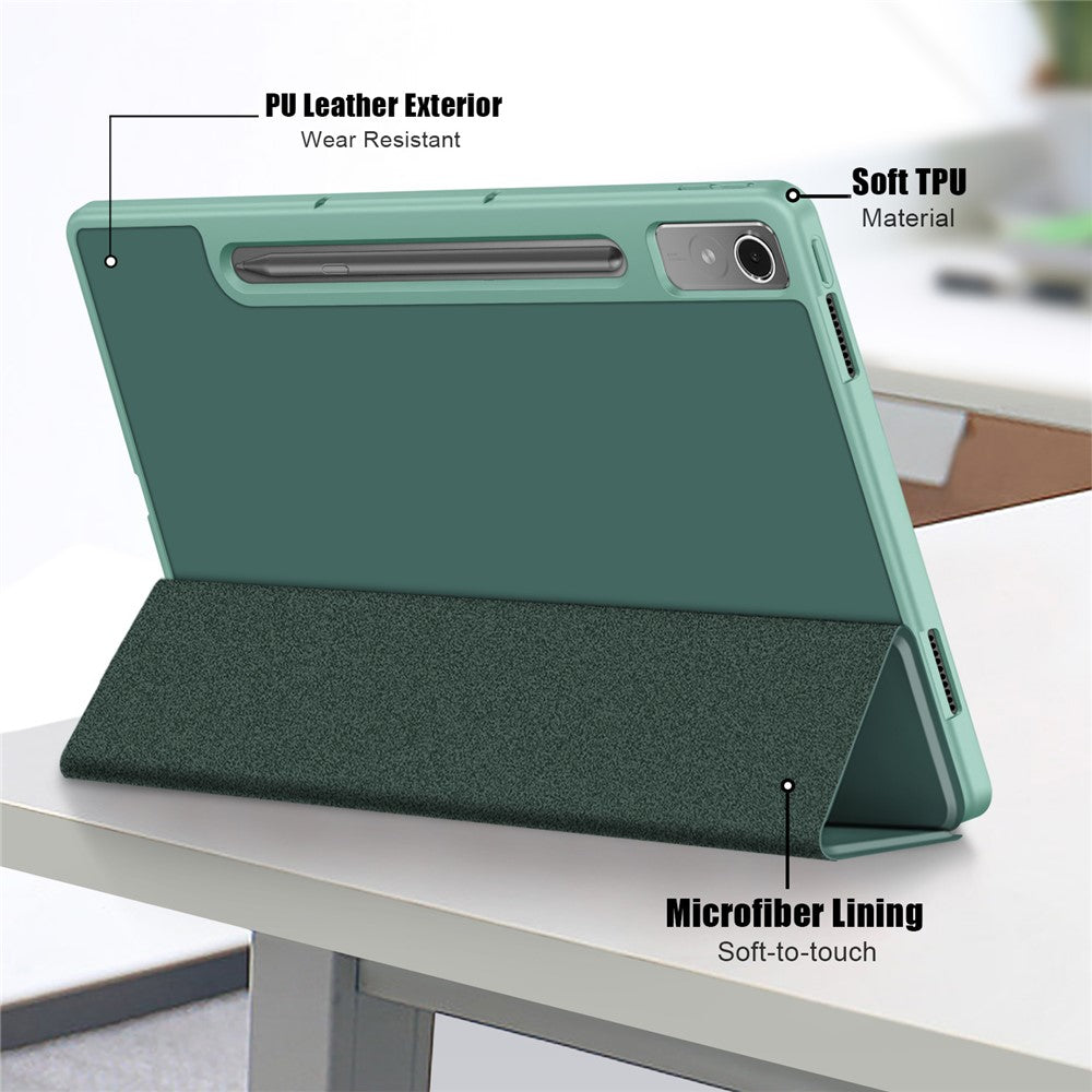 For Lenovo Tab P12 / P12 Pro Gen 2 TB371FC Trifold Stand Solid Color Smart Case PU Leather+TPU Tablet Cover - Blackish Green