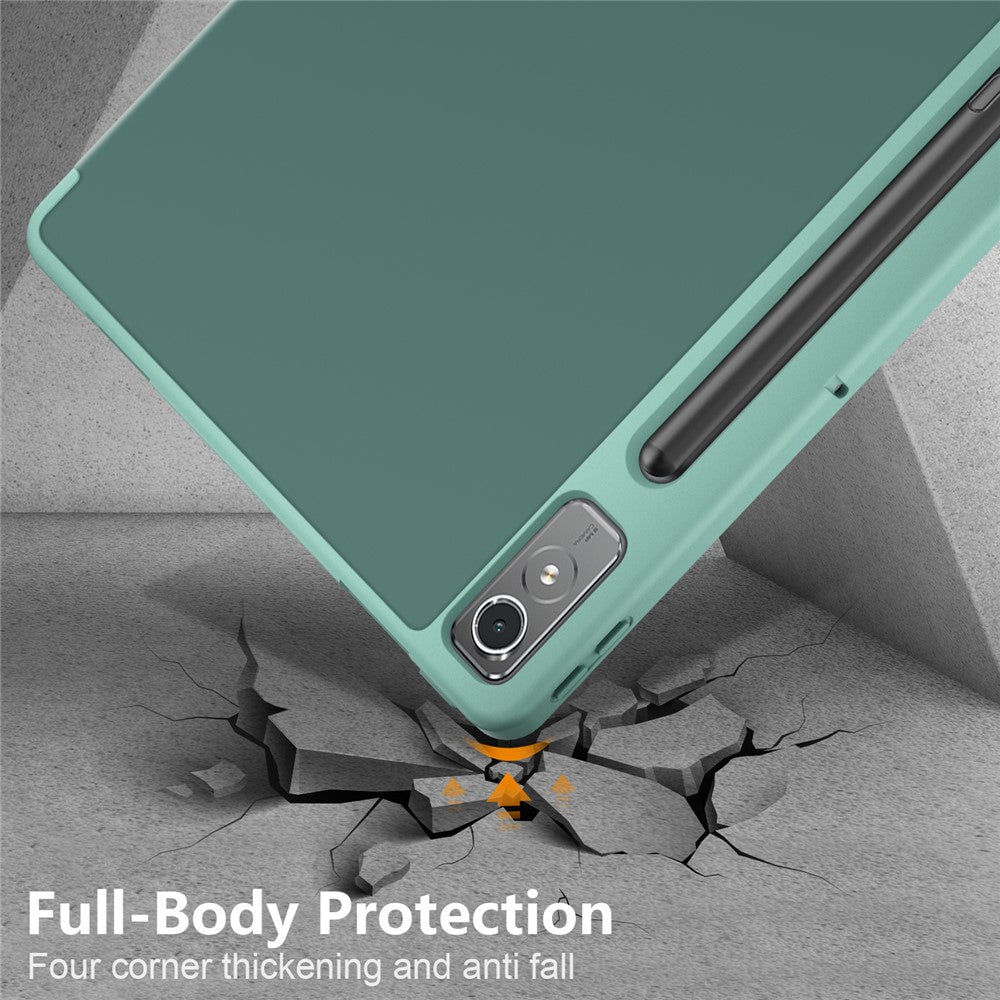 For Lenovo Tab P12 / P12 Pro Gen 2 TB371FC Trifold Stand Solid Color Smart Case PU Leather+TPU Tablet Cover - Blackish Green