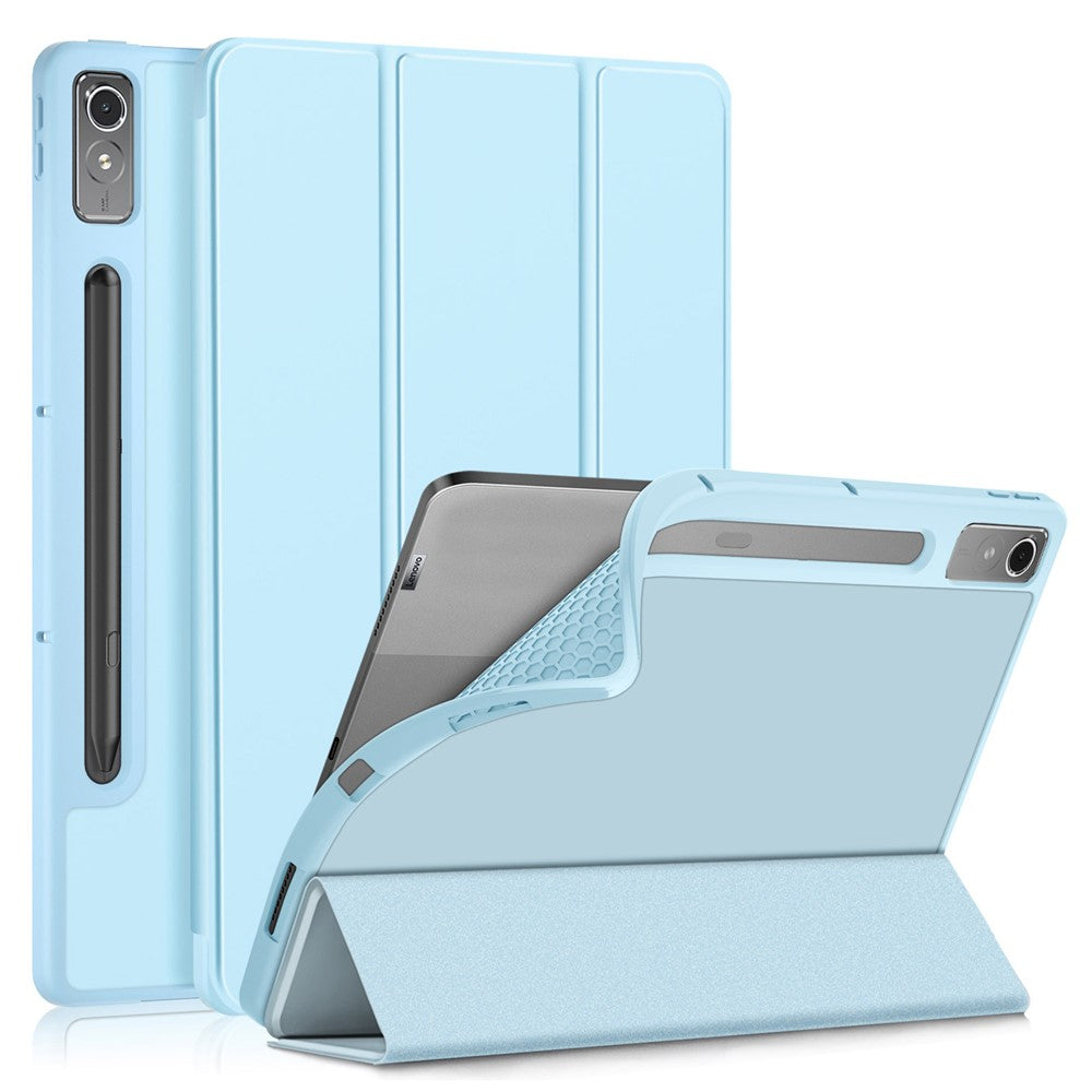 For Lenovo Tab P12 / P12 Pro Gen 2 TB371FC Trifold Stand Solid Color Smart Case PU Leather+TPU Tablet Cover - Sky Blue