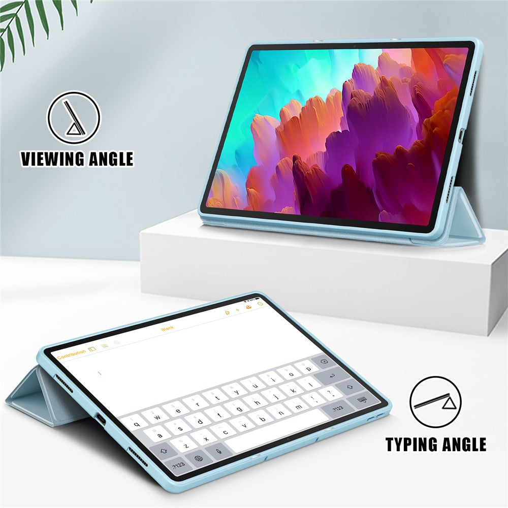 For Lenovo Tab P12 / P12 Pro Gen 2 TB371FC Trifold Stand Solid Color Smart Case PU Leather+TPU Tablet Cover - Sky Blue