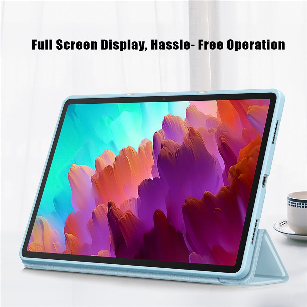 For Lenovo Tab P12 / P12 Pro Gen 2 TB371FC Trifold Stand Solid Color Smart Case PU Leather+TPU Tablet Cover - Sky Blue