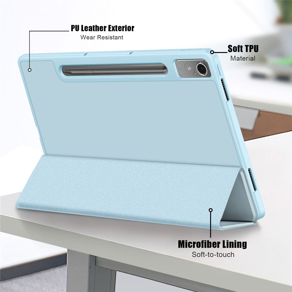 For Lenovo Tab P12 / P12 Pro Gen 2 TB371FC Trifold Stand Solid Color Smart Case PU Leather+TPU Tablet Cover - Sky Blue