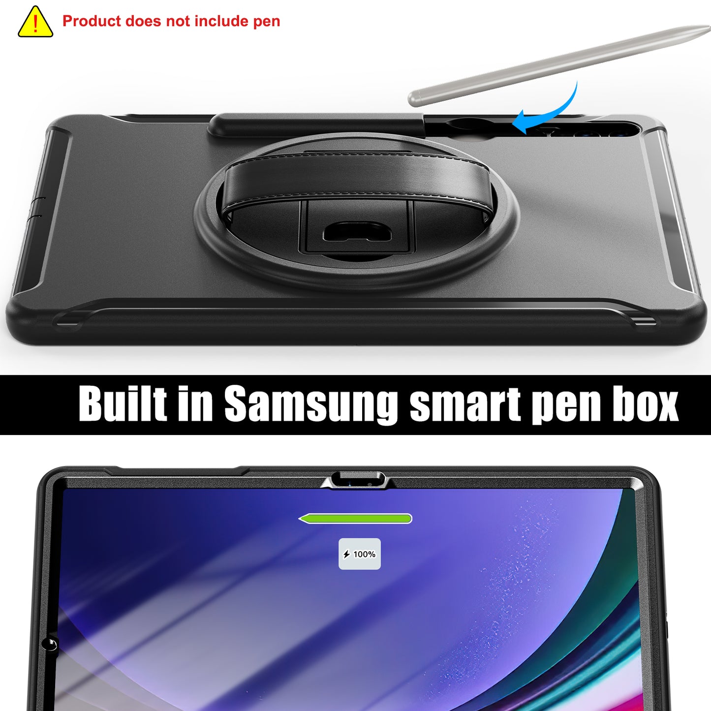 For Samsung Galaxy Tab S9 FE+ / S7+ T970 / Tab S7 FE T730 / Tab S8+ X800 / Tab S9+ X810 Case Pen Holder PC+TPU Tablet Kickstand Cover - Black