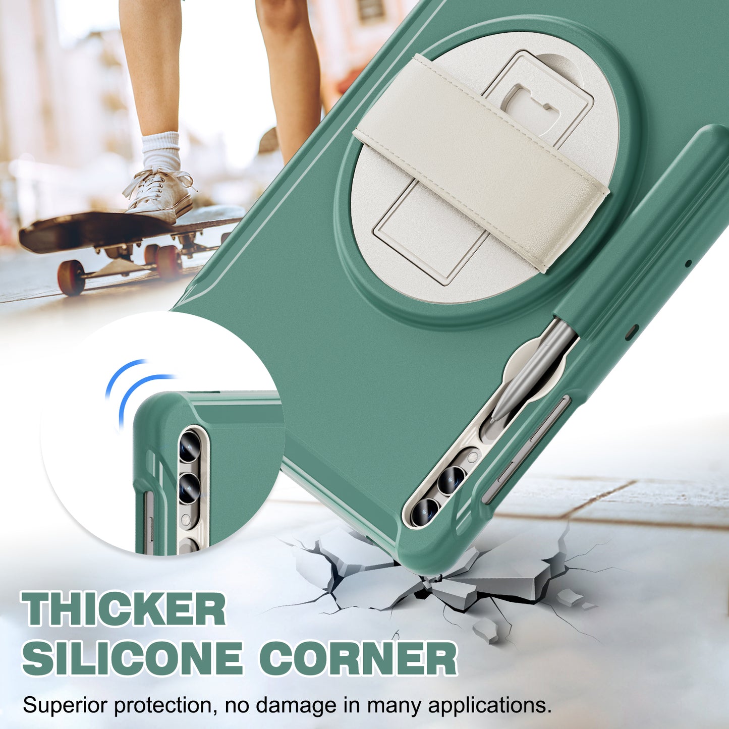 For Samsung Galaxy Tab S9 FE+ / S7+ T970 / Tab S7 FE T730 / Tab S8+ X800 / Tab S9+ X810 Case Pen Holder PC+TPU Tablet Kickstand Cover - Emerald Green