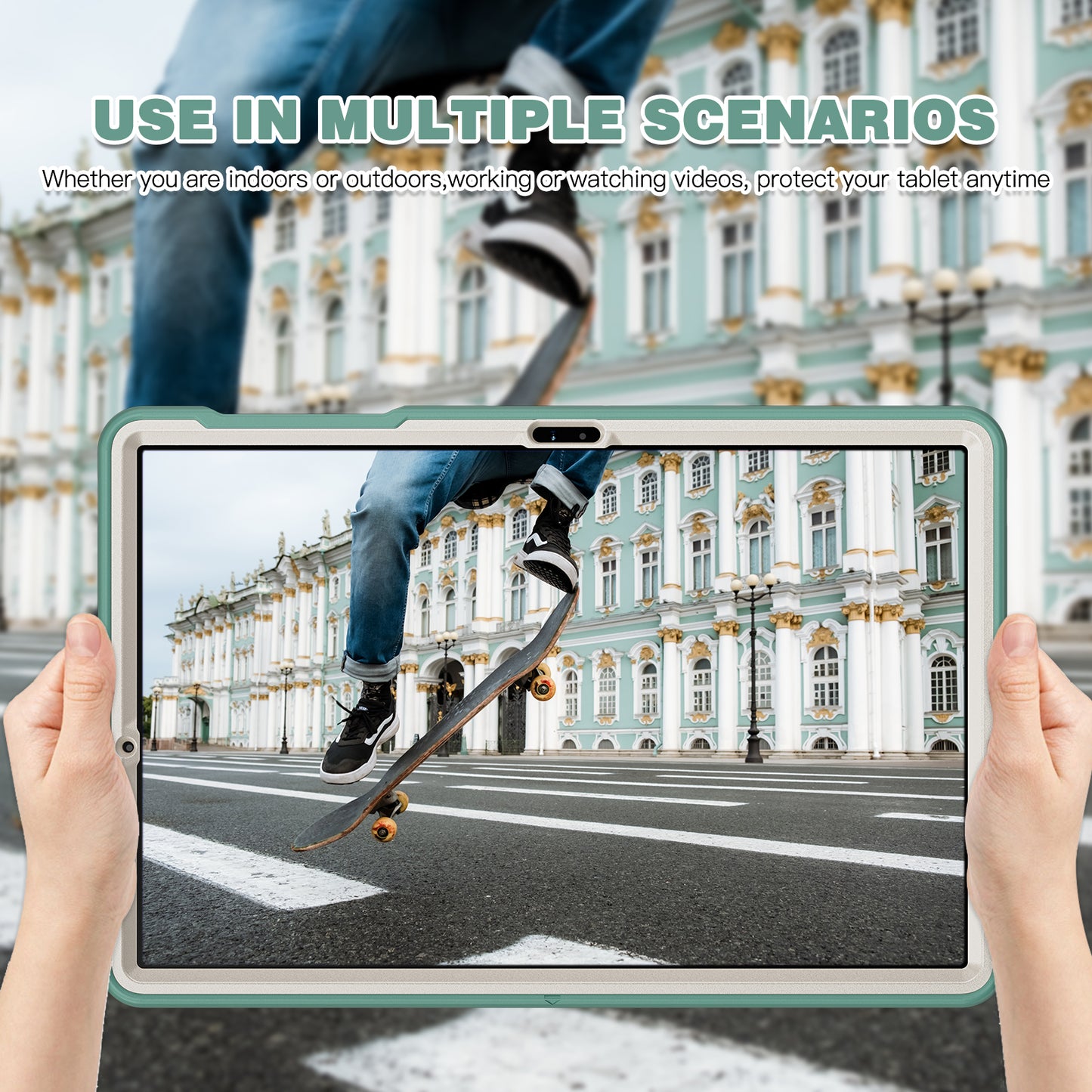 For Samsung Galaxy Tab S9 FE+ / S7+ T970 / Tab S7 FE T730 / Tab S8+ X800 / Tab S9+ X810 Case Pen Holder PC+TPU Tablet Kickstand Cover - Emerald Green