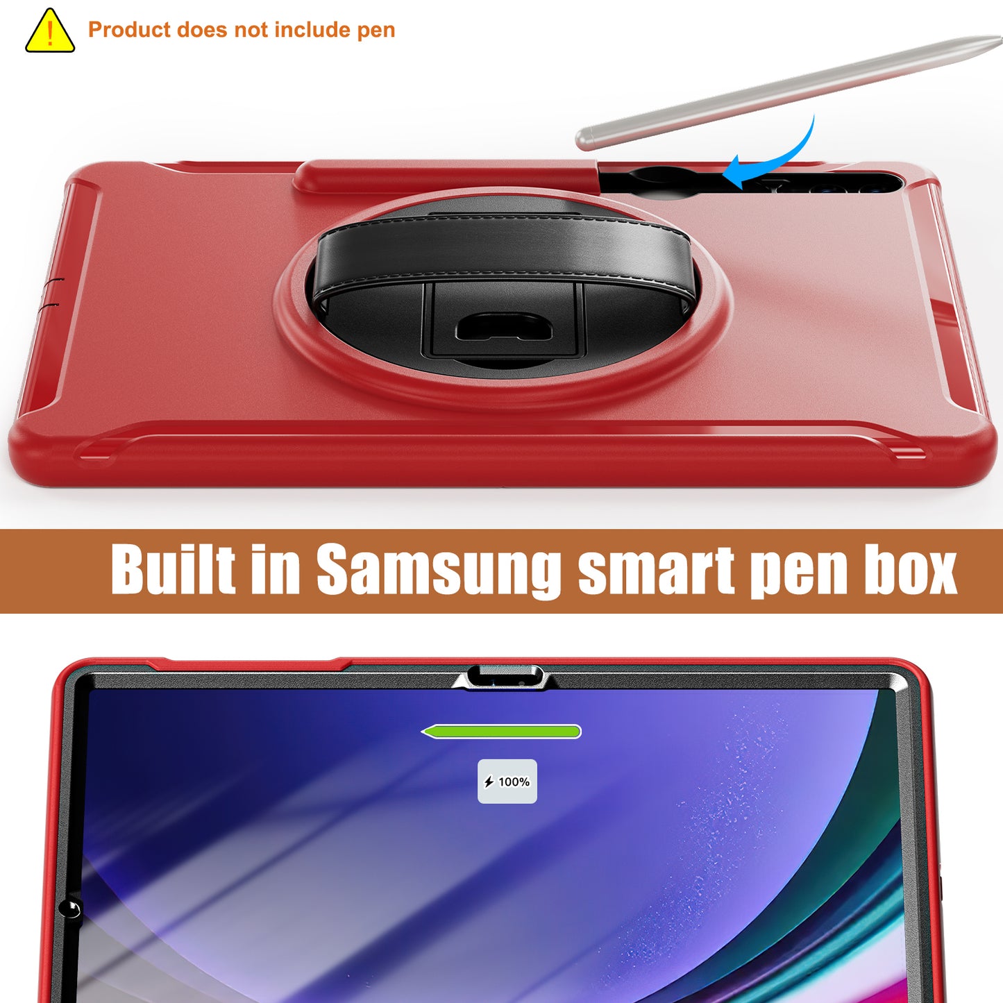 For Samsung Galaxy Tab S9 FE+ / S7+ T970 / Tab S7 FE T730 / Tab S8+ X800 / Tab S9+ X810 Case Pen Holder PC+TPU Tablet Kickstand Cover - Red