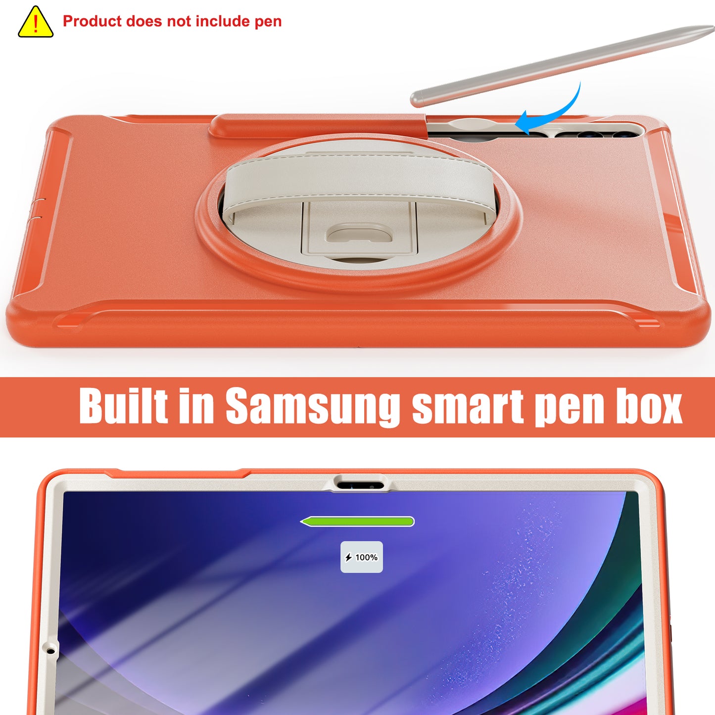 For Samsung Galaxy Tab S9 FE+ / S7+ T970 / Tab S7 FE T730 / Tab S8+ X800 / Tab S9+ X810 Case Pen Holder PC+TPU Tablet Kickstand Cover - Coral Orange
