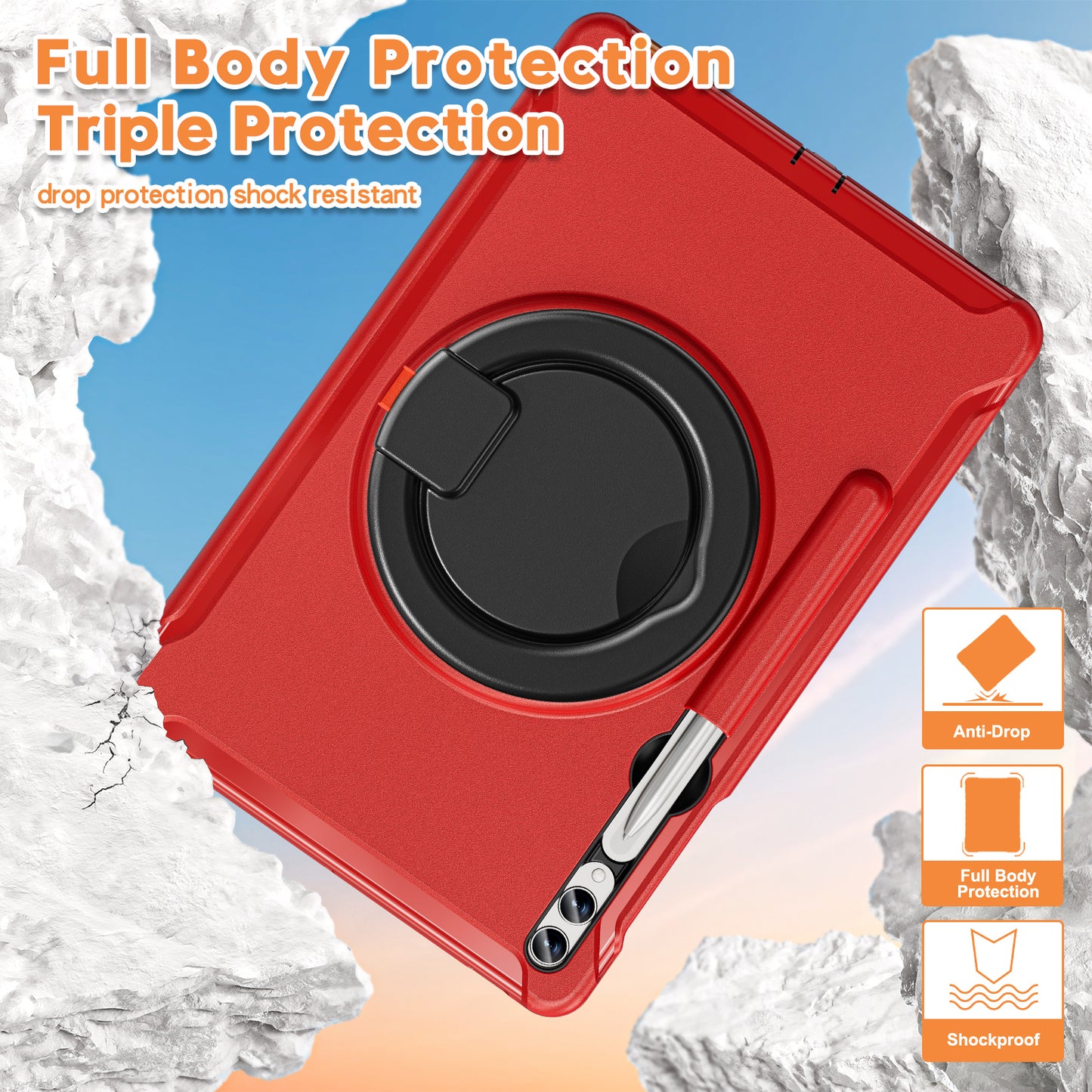 For Samsung Galaxy Tab S10+ X826 / S9 FE+ / S7+ T970 / Tab S7 FE T730 / Tab S8+ X800 / Tab S9+ X810 Case PC+TPU Rotating Kickstand Tablet Cover with Pen Holder - Red