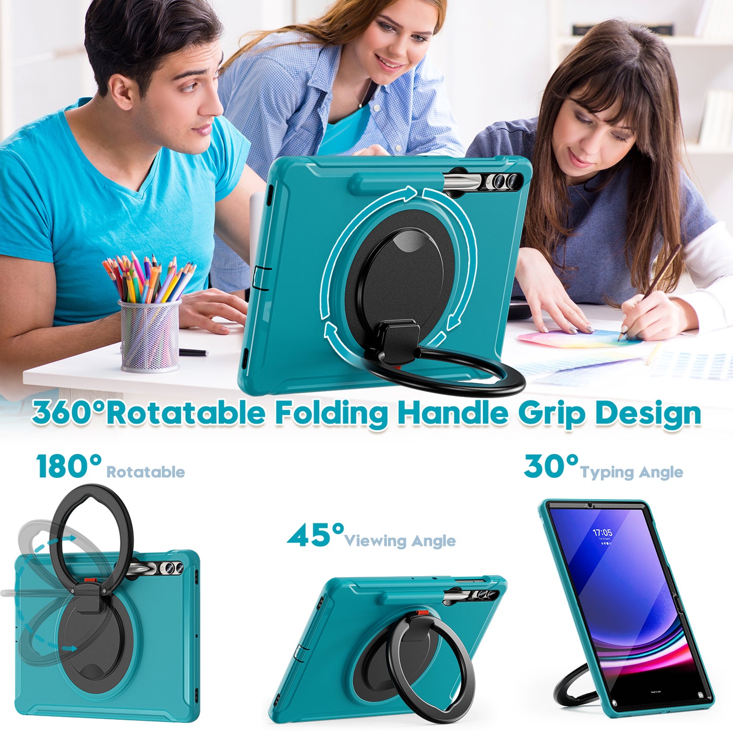 For Samsung Galaxy Tab S10+ X826 / S9 FE+ / S7+ T970 / Tab S7 FE T730 / Tab S8+ X800 / Tab S9+ X810 Case PC+TPU Rotating Kickstand Tablet Cover with Pen Holder - Blue