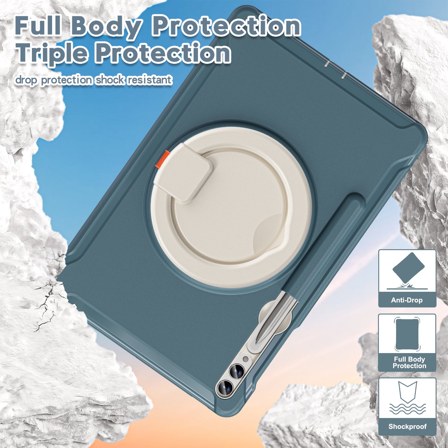 For Samsung Galaxy Tab S10+ X826 / S9 FE+ / S7+ T970 / Tab S7 FE T730 / Tab S8+ X800 / Tab S9+ X810 Case PC+TPU Rotating Kickstand Tablet Cover with Pen Holder - Cornflower Blue