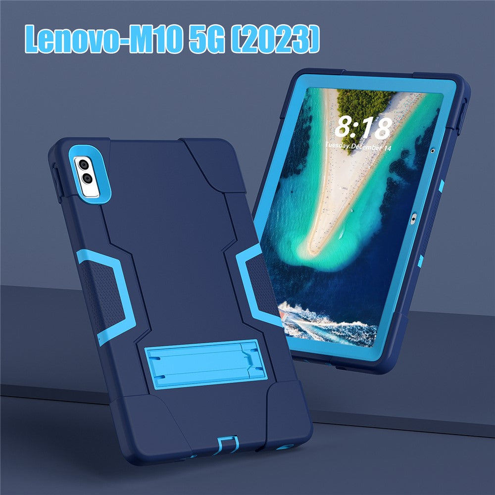 Kickstand Tablet Case for Lenovo Tab M10 5G , Robot Style Dual Color Silicone + PC Anti-drop Cover - Navy Blue / Blue