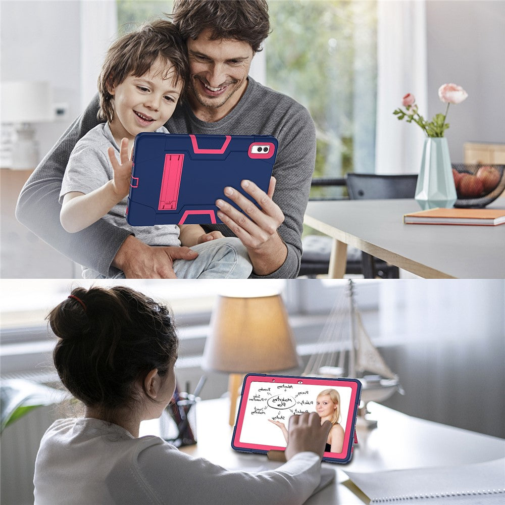 Kickstand Tablet Case for Lenovo Tab M10 5G , Robot Style Dual Color Silicone + PC Anti-drop Cover - Navy Blue / Rose Red