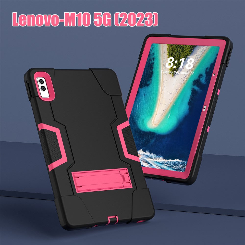 Kickstand Tablet Case for Lenovo Tab M10 5G , Robot Style Dual Color Silicone + PC Anti-drop Cover - Black / Rose Red