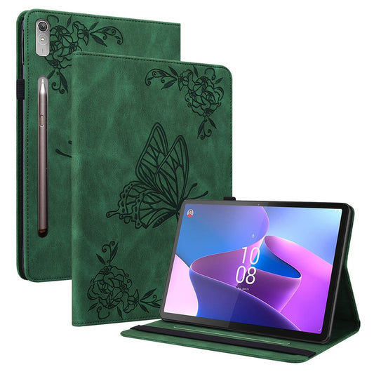 For Lenovo Tab P12 Case Butterfly Flower Imprinted PU Leather Stand Tablet Cover - Green