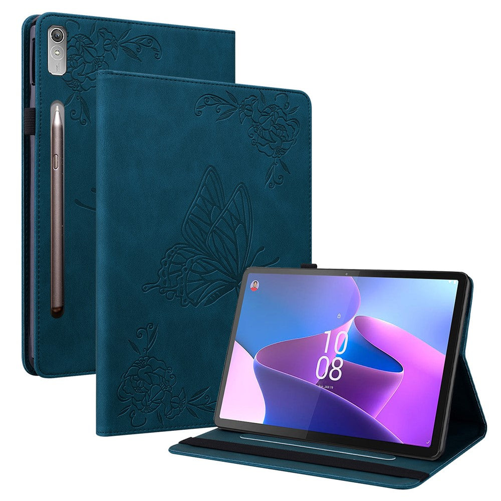 For Lenovo Tab P12 Case Butterfly Flower Imprinted PU Leather Stand Tablet Cover - Dark Blue