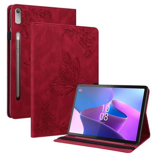 For Lenovo Tab P12 Case Butterfly Flower Imprinted PU Leather Stand Tablet Cover - Red