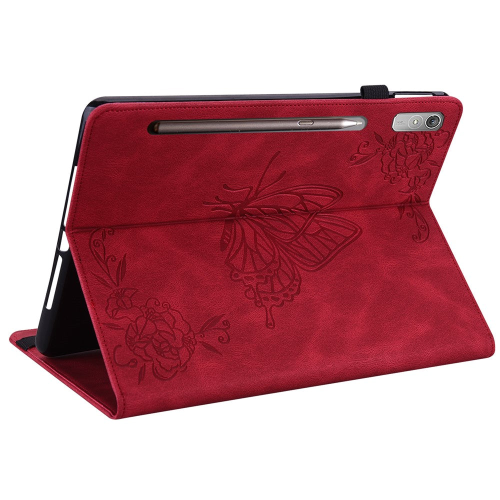 For Lenovo Tab P12 Case Butterfly Flower Imprinted PU Leather Stand Tablet Cover - Red