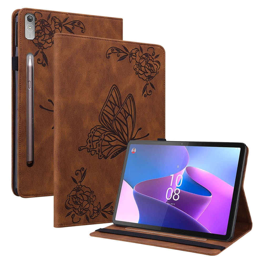 For Lenovo Tab P12 Case Butterfly Flower Imprinted PU Leather Stand Tablet Cover - Brown
