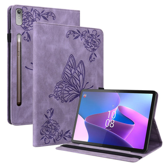 For Lenovo Tab P12 Case Butterfly Flower Imprinted PU Leather Stand Tablet Cover - Purple