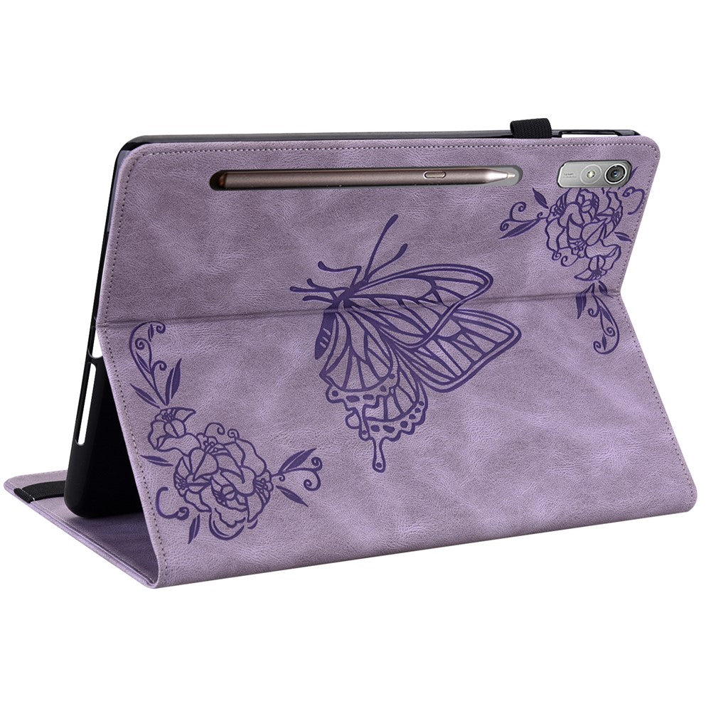 For Lenovo Tab P12 Case Butterfly Flower Imprinted PU Leather Stand Tablet Cover - Purple