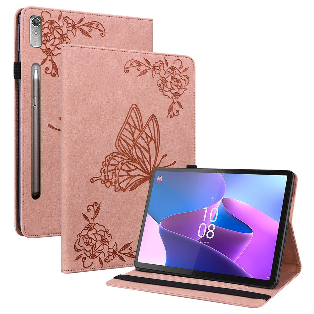 For Lenovo Tab P12 Case Butterfly Flower Imprinted PU Leather Stand Tablet Cover - Pink