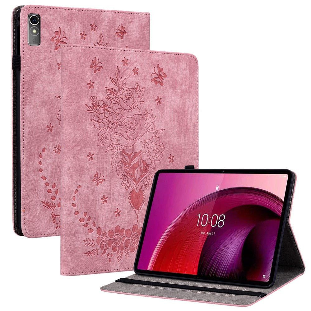 For Lenovo Tab M10 5G Leather Cover Butterfly Rose Imprinted Tablet Stand Case - Pink