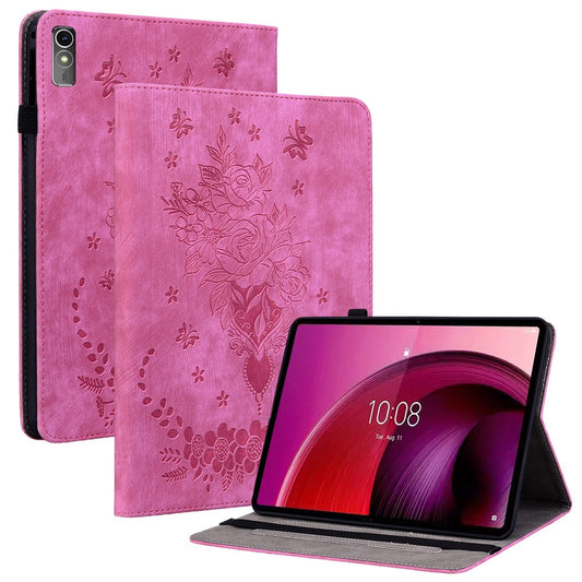 For Lenovo Tab M10 5G Leather Cover Butterfly Rose Imprinted Tablet Stand Case - Rose