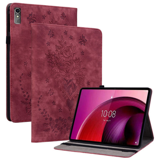 For Lenovo Tab M10 5G Leather Cover Butterfly Rose Imprinted Tablet Stand Case - Red