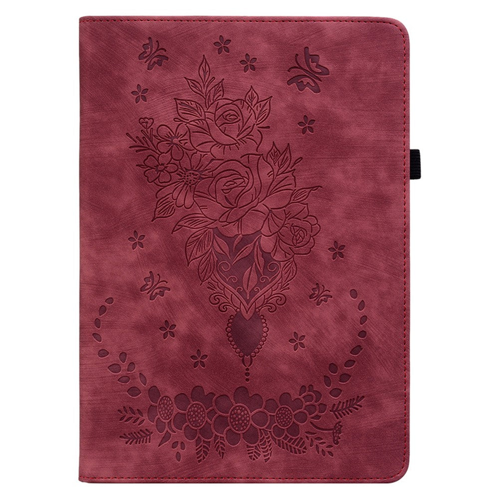 For Lenovo Tab M10 5G Leather Cover Butterfly Rose Imprinted Tablet Stand Case - Red