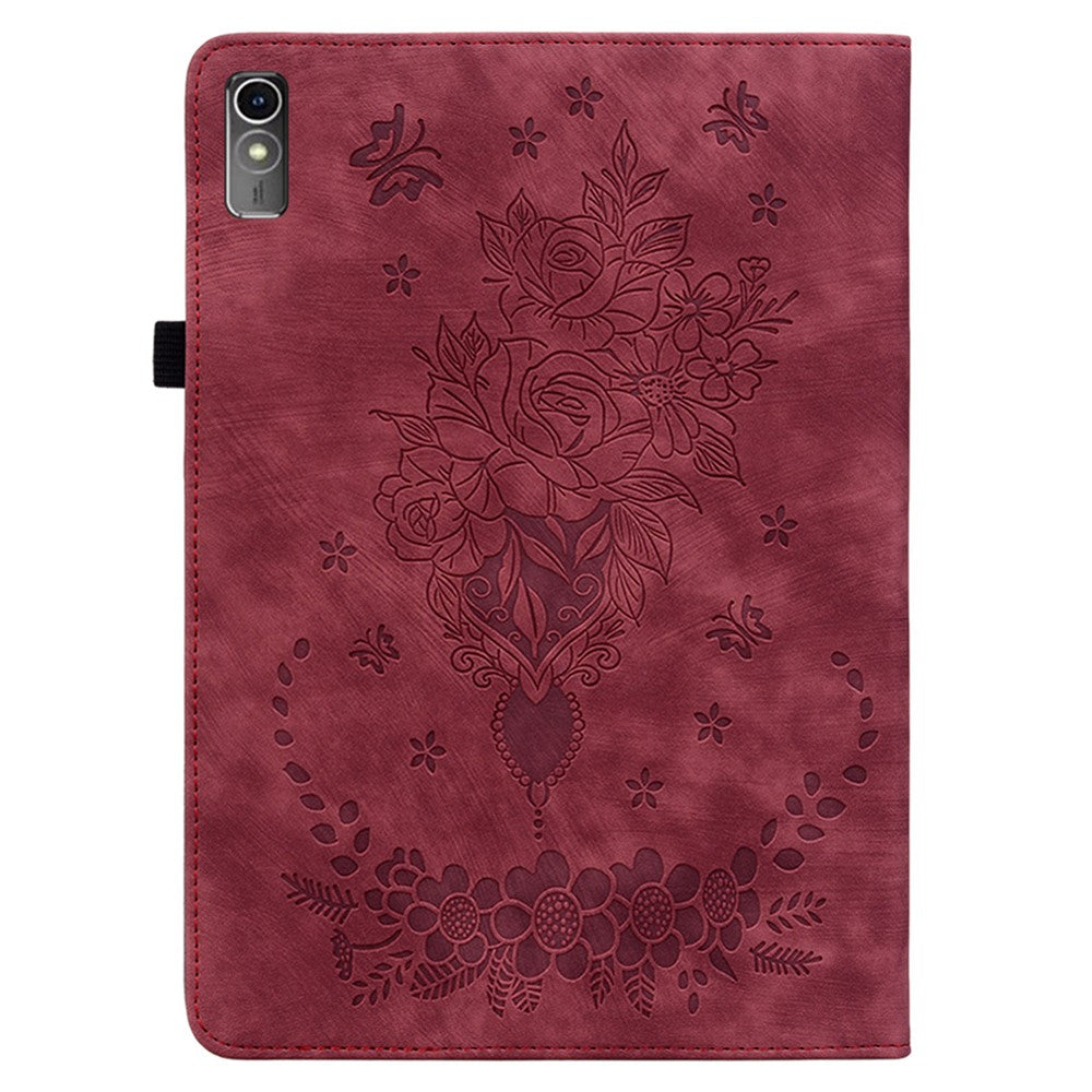 For Lenovo Tab M10 5G Leather Cover Butterfly Rose Imprinted Tablet Stand Case - Red