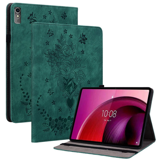 For Lenovo Tab M10 5G Leather Cover Butterfly Rose Imprinted Tablet Stand Case - Green