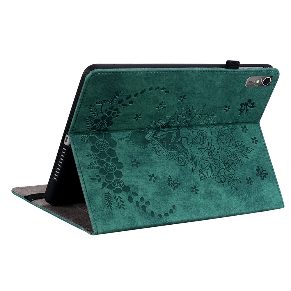 For Lenovo Tab M10 5G Leather Cover Butterfly Rose Imprinted Tablet Stand Case - Green