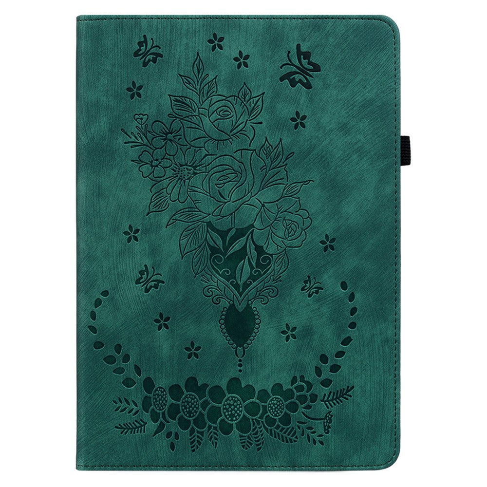 For Lenovo Tab M10 5G Leather Cover Butterfly Rose Imprinted Tablet Stand Case - Green