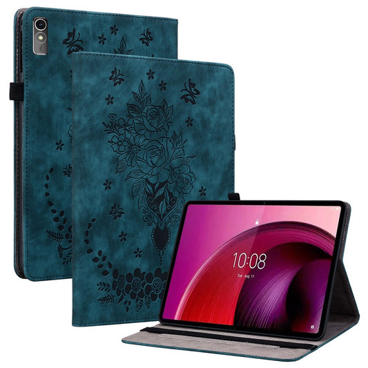 For Lenovo Tab M10 5G Leather Cover Butterfly Rose Imprinted Tablet Stand Case - Blue