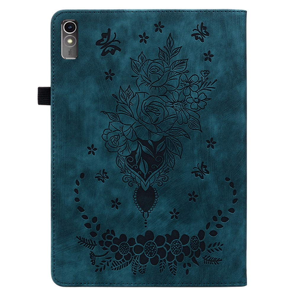For Lenovo Tab M10 5G Leather Cover Butterfly Rose Imprinted Tablet Stand Case - Blue