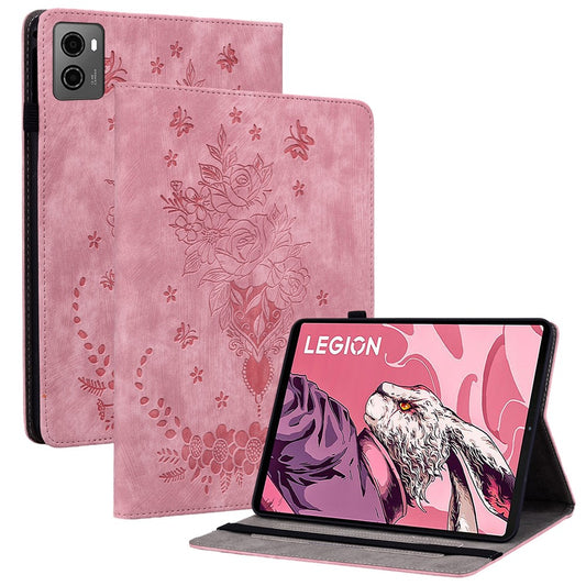 For Lenovo Legion Y700 (2023) / Tab Gen 2 Leather Case Butterfly Rose Imprint Card Slots Tablet Cover - Pink