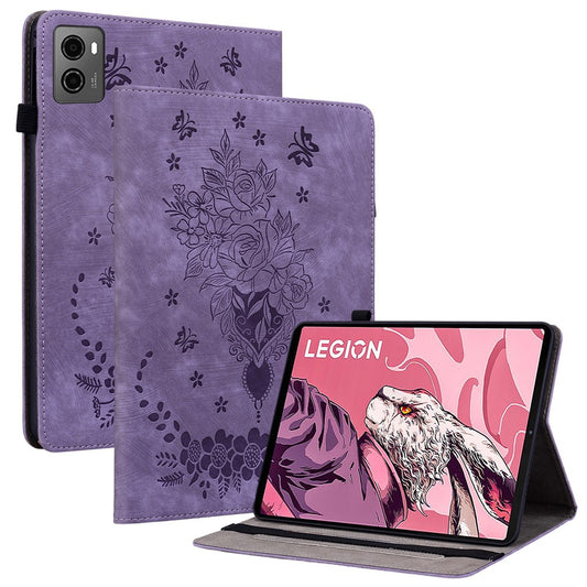 For Lenovo Legion Y700 (2023) / Tab Gen 2 Leather Case Butterfly Rose Imprint Card Slots Tablet Cover - Purple
