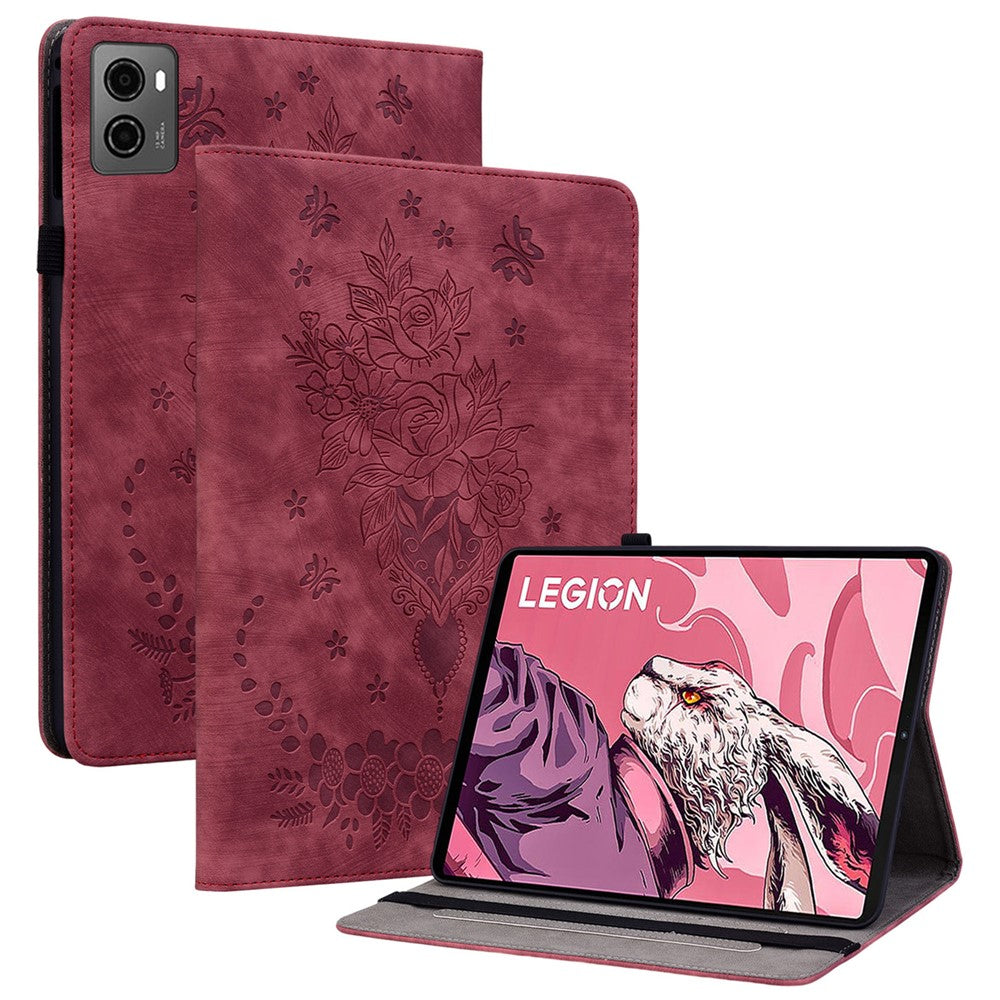 For Lenovo Legion Y700 (2023) / Tab Gen 2 Leather Case Butterfly Rose Imprint Card Slots Tablet Cover - Red