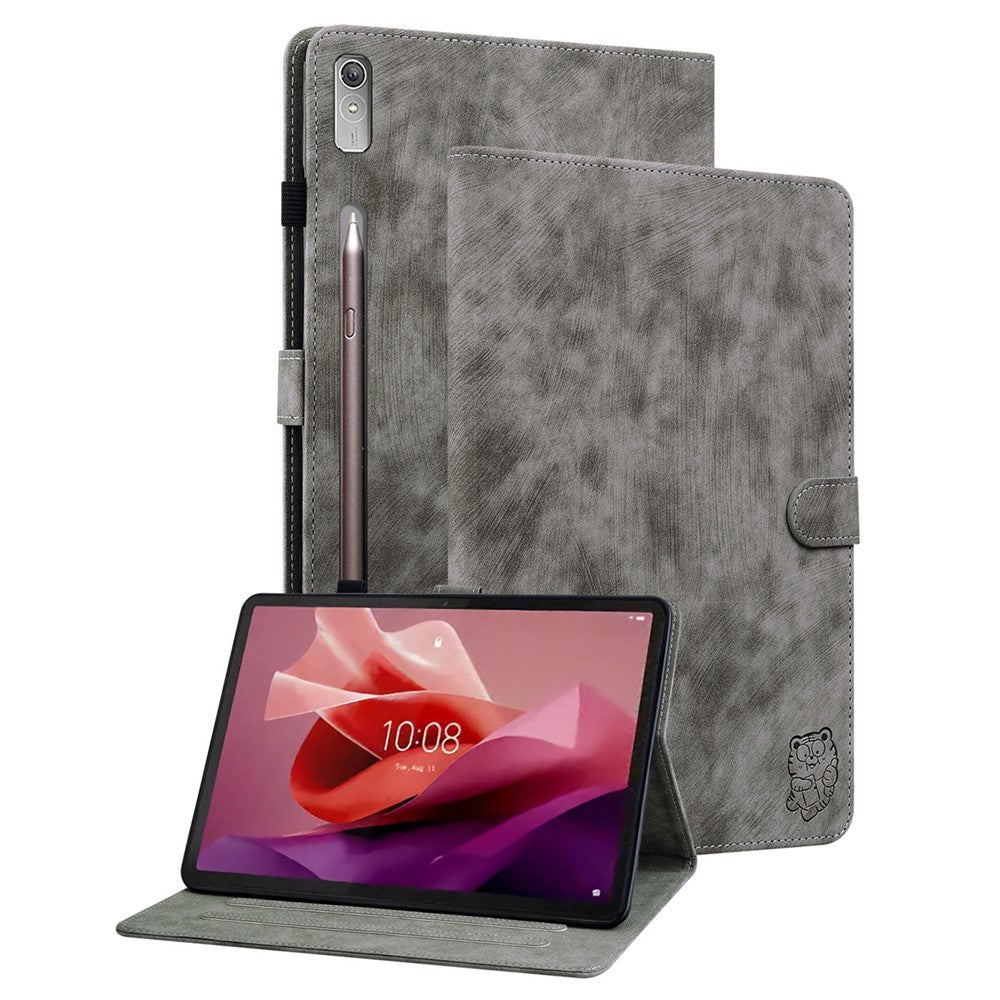 For Lenovo Tab P12 Leather Case Cute Tiger Imprinted PU Leather Card Holder Tablet Cover - Grey