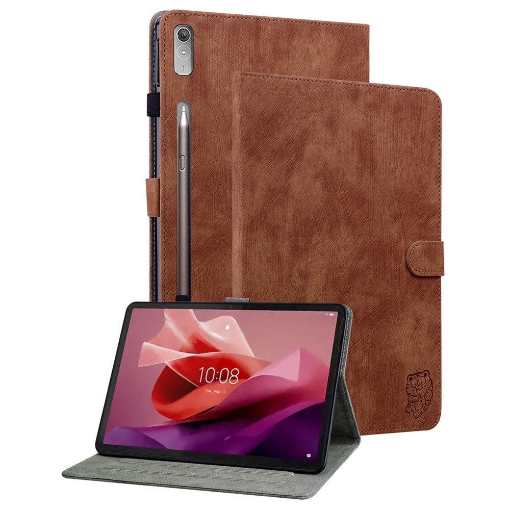 For Lenovo Tab P12 Leather Case Cute Tiger Imprinted PU Leather Card Holder Tablet Cover - Brown
