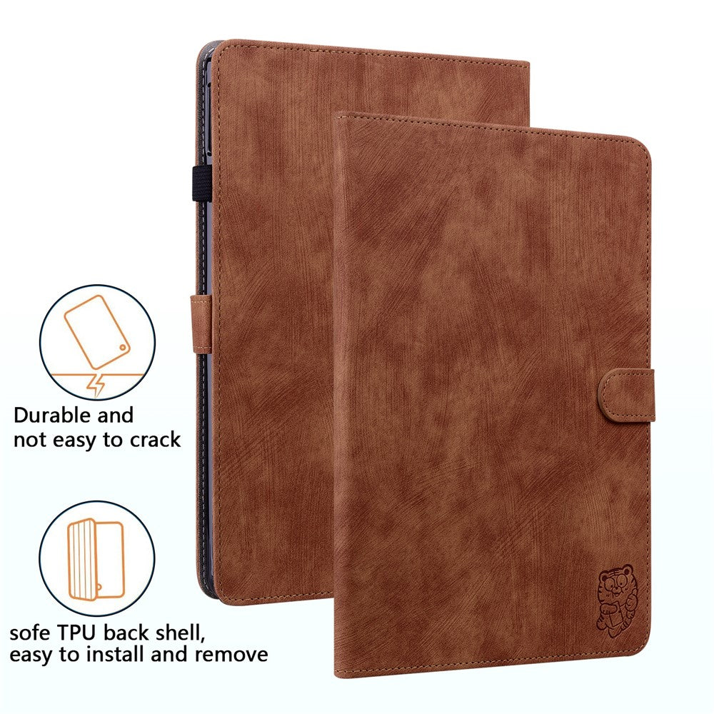 For Lenovo Tab P12 Leather Case Cute Tiger Imprinted PU Leather Card Holder Tablet Cover - Brown
