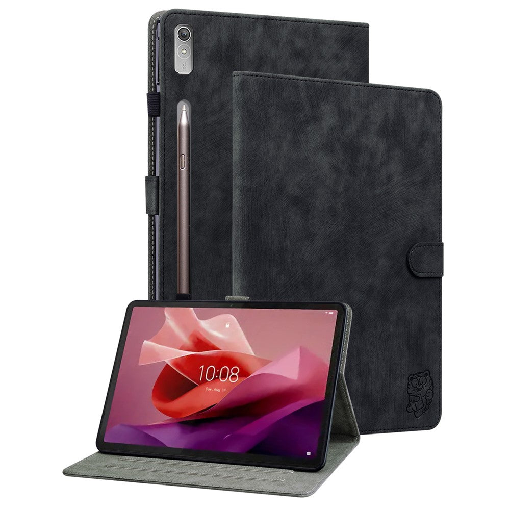 For Lenovo Tab P12 Leather Case Cute Tiger Imprinted PU Leather Card Holder Tablet Cover - Black
