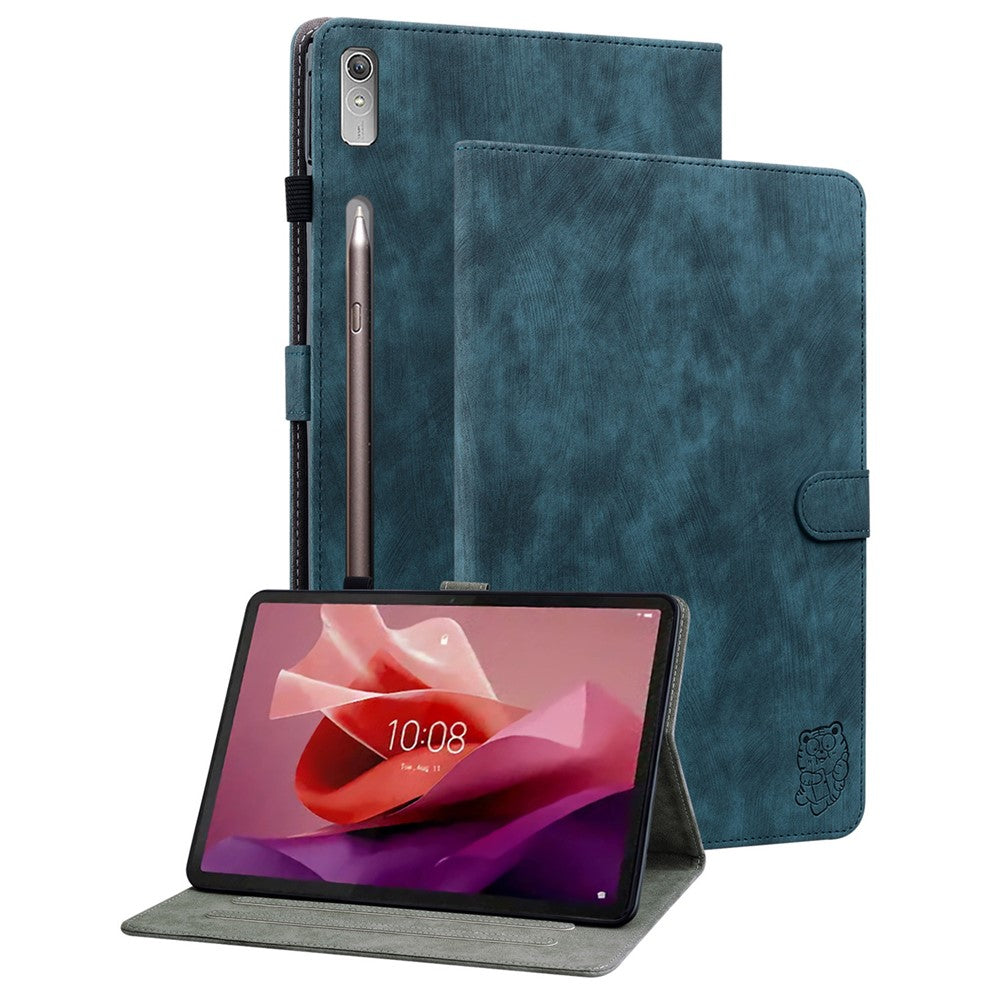 For Lenovo Tab P12 Leather Case Cute Tiger Imprinted PU Leather Card Holder Tablet Cover - Dark Blue