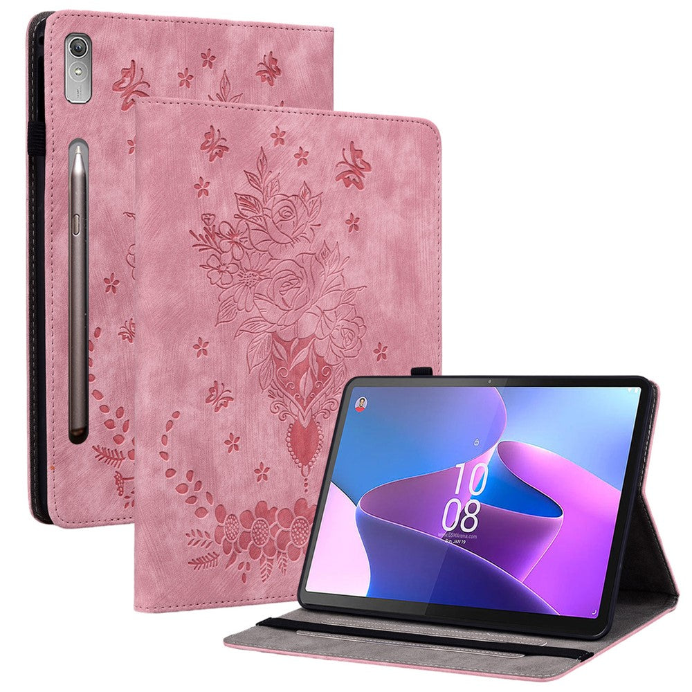 For Lenovo Tab P12 Tablet Cover PU Leather Card Holder Butterfly Rose Imprinted Case - Pink