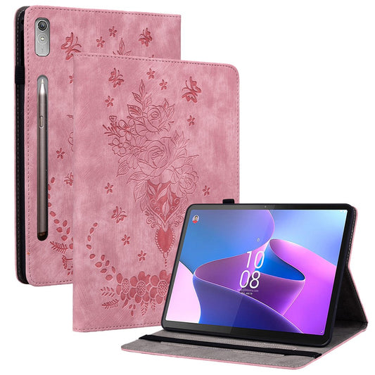 For Lenovo Tab P12 Tablet Cover PU Leather Card Holder Butterfly Rose Imprinted Case - Pink