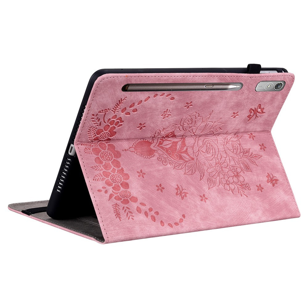 For Lenovo Tab P12 Tablet Cover PU Leather Card Holder Butterfly Rose Imprinted Case - Pink