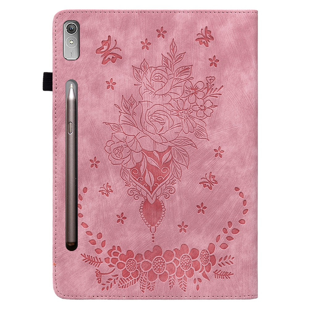 For Lenovo Tab P12 Tablet Cover PU Leather Card Holder Butterfly Rose Imprinted Case - Pink