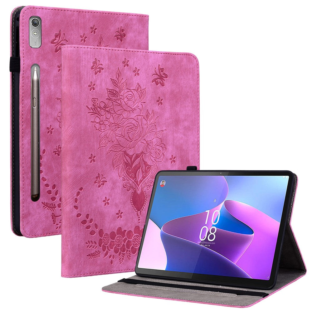 For Lenovo Tab P12 Tablet Cover PU Leather Card Holder Butterfly Rose Imprinted Case - Rose